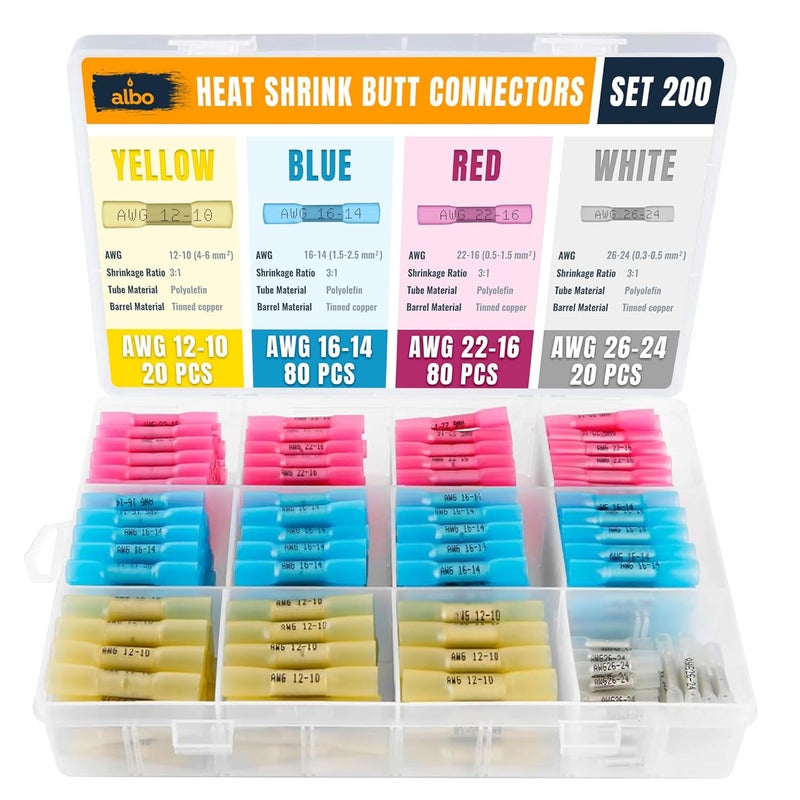 ALBO Set 200 PCS 26-10 AWG Mixing Heat Shrink Butt Connectors - Tinned Copper - Marine Grade Insulated Crimp Wire Connectors - Waterproof Electrical Connectors - Butt Splice for Auto, Marine, Stereo - Image 1